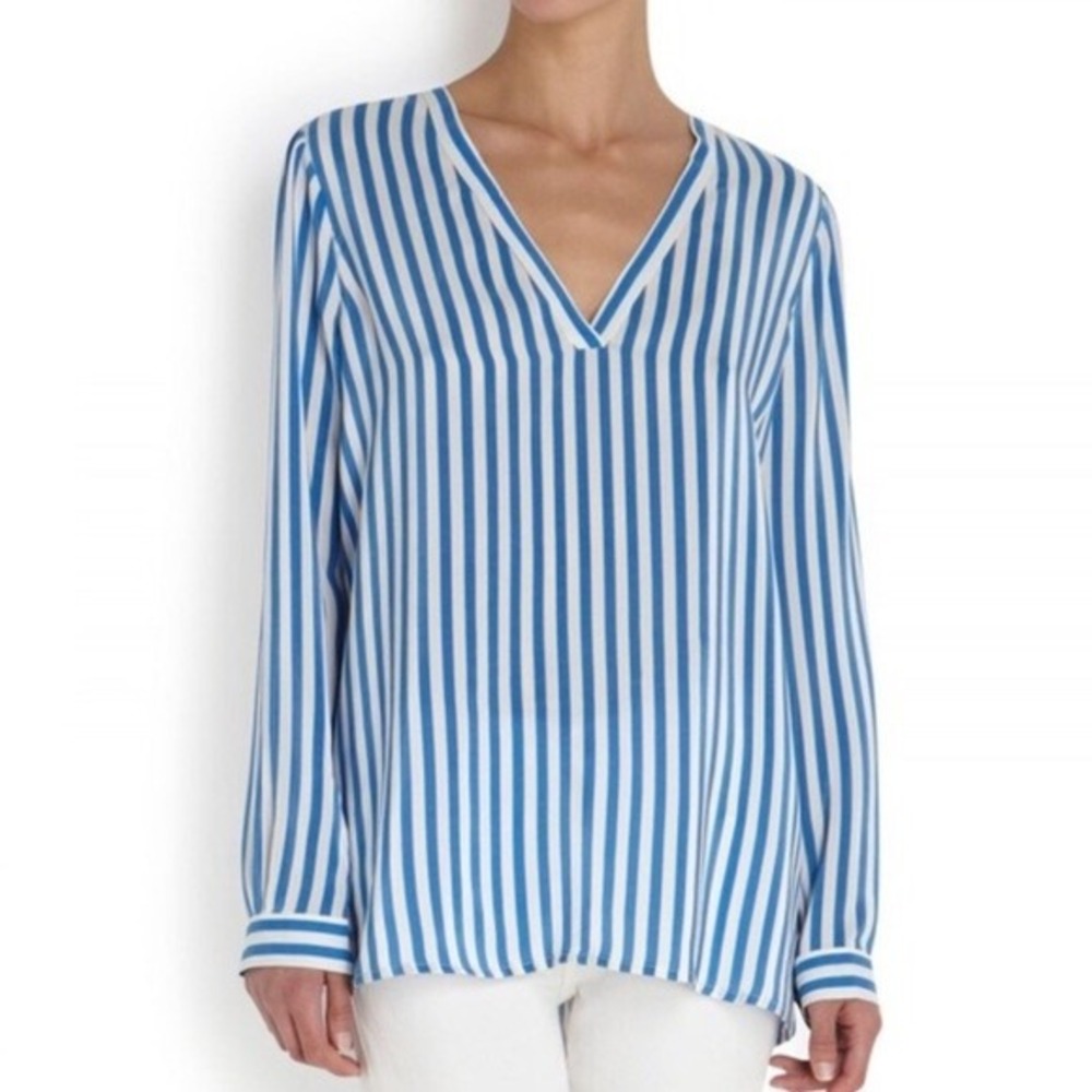 Joie Womens S Barden Blue White Vertical Striped Silk Long Sleeve Vneck Blouse